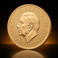Royal Mint Britannia gold coin, portrait side, angled to the other side