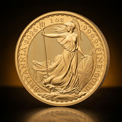 Royal Mint Britannia gold coin, Britannia side, slightly angled