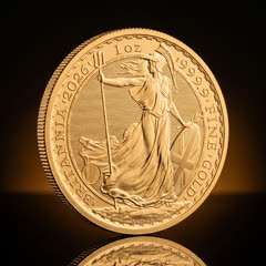 Royal Mint Britannia gold coin, Britannia side, angled showing the reeded edge