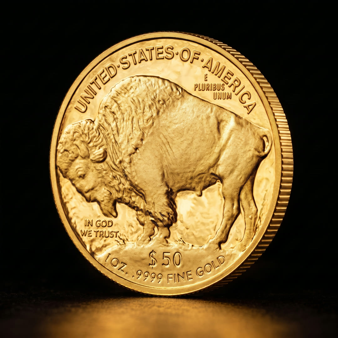 American Gold Buffalo coin, bison side, angled showing the reeded edge