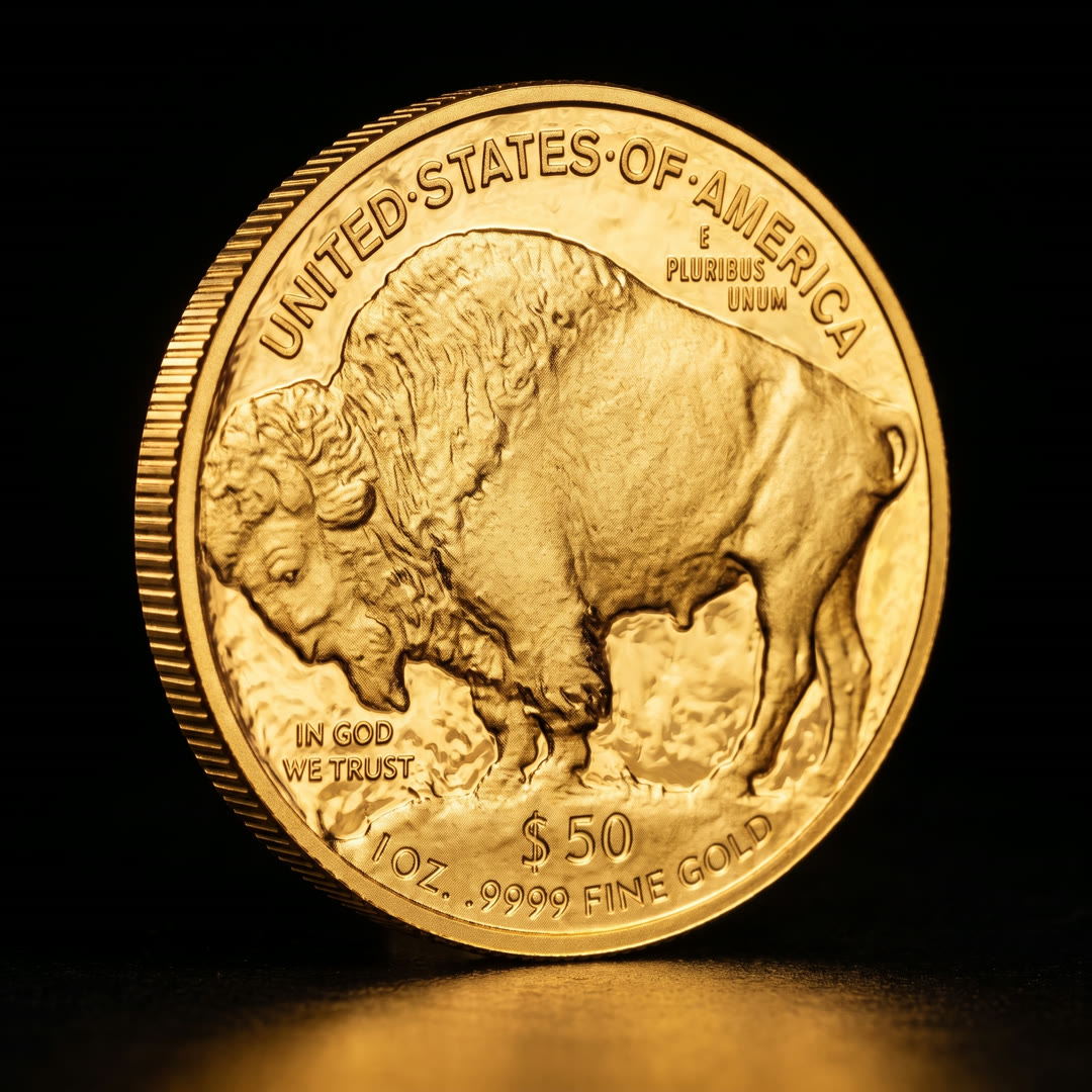 American Gold Buffalo coin, bison side, angled to the other side
