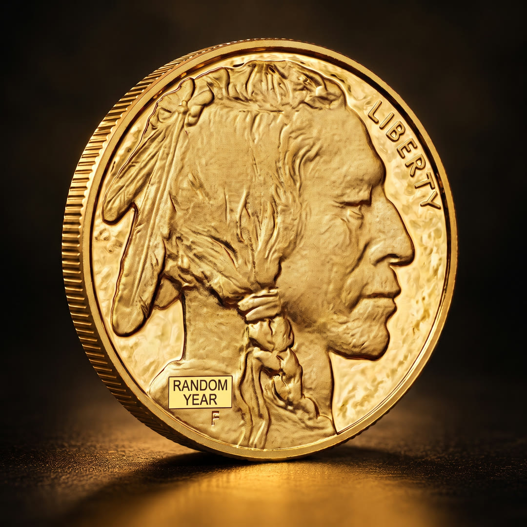 American Gold Buffalo coin, profile side, angled showing the reeded edge