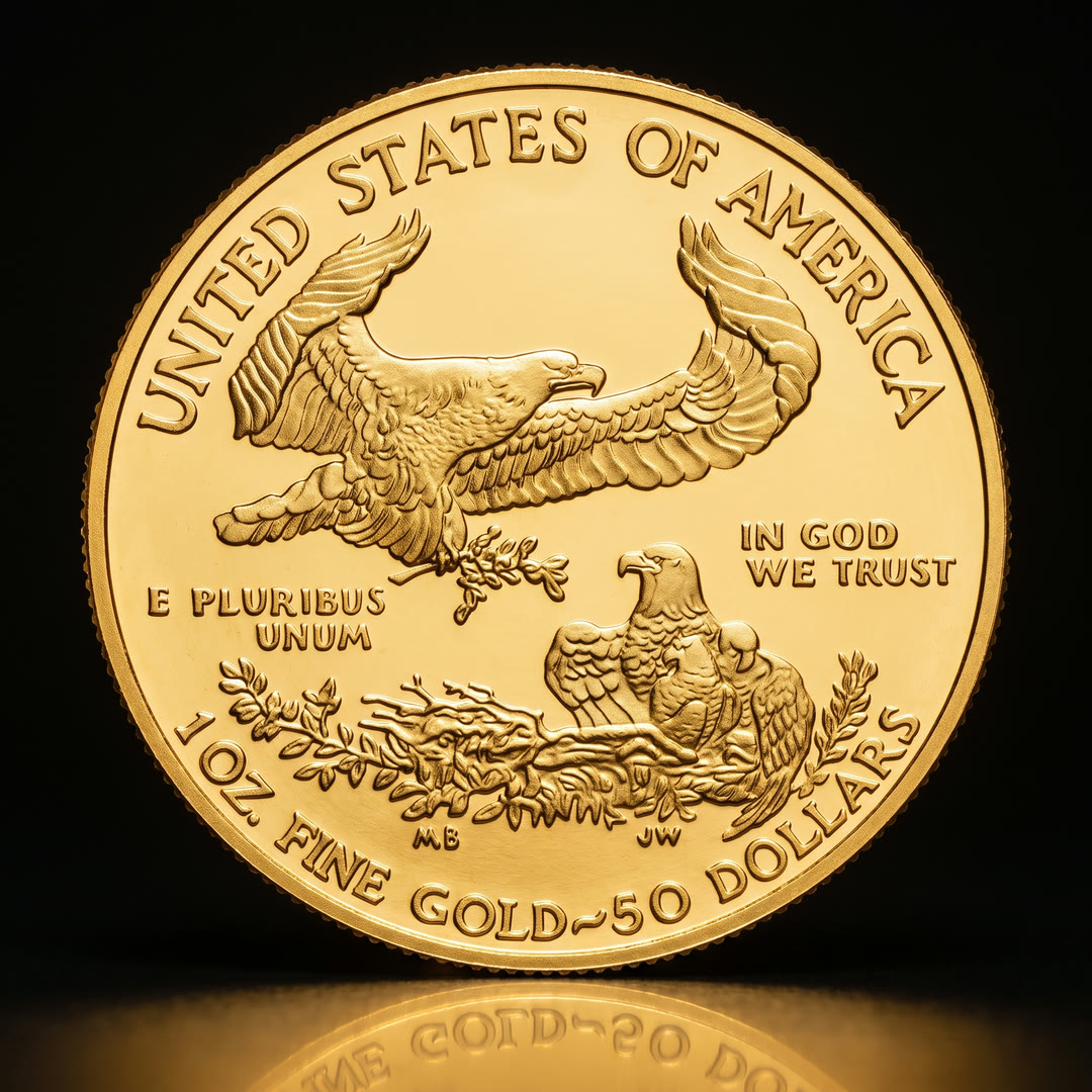 American Eagle Type 1 gold coin, reverse side with the family of eagles