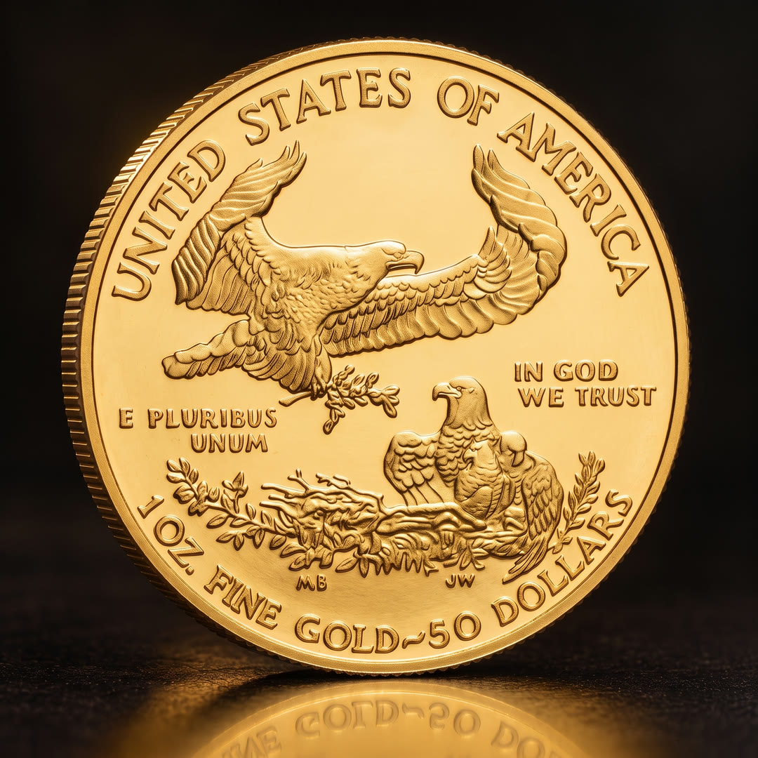 American Eagle Type 1 gold coin, eagle side, angled showing the reeded edge