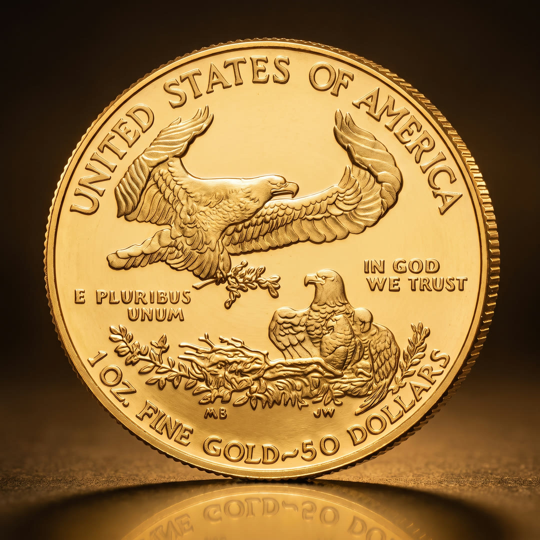 American Eagle Type 1 gold coin, eagle side, angled to the other side