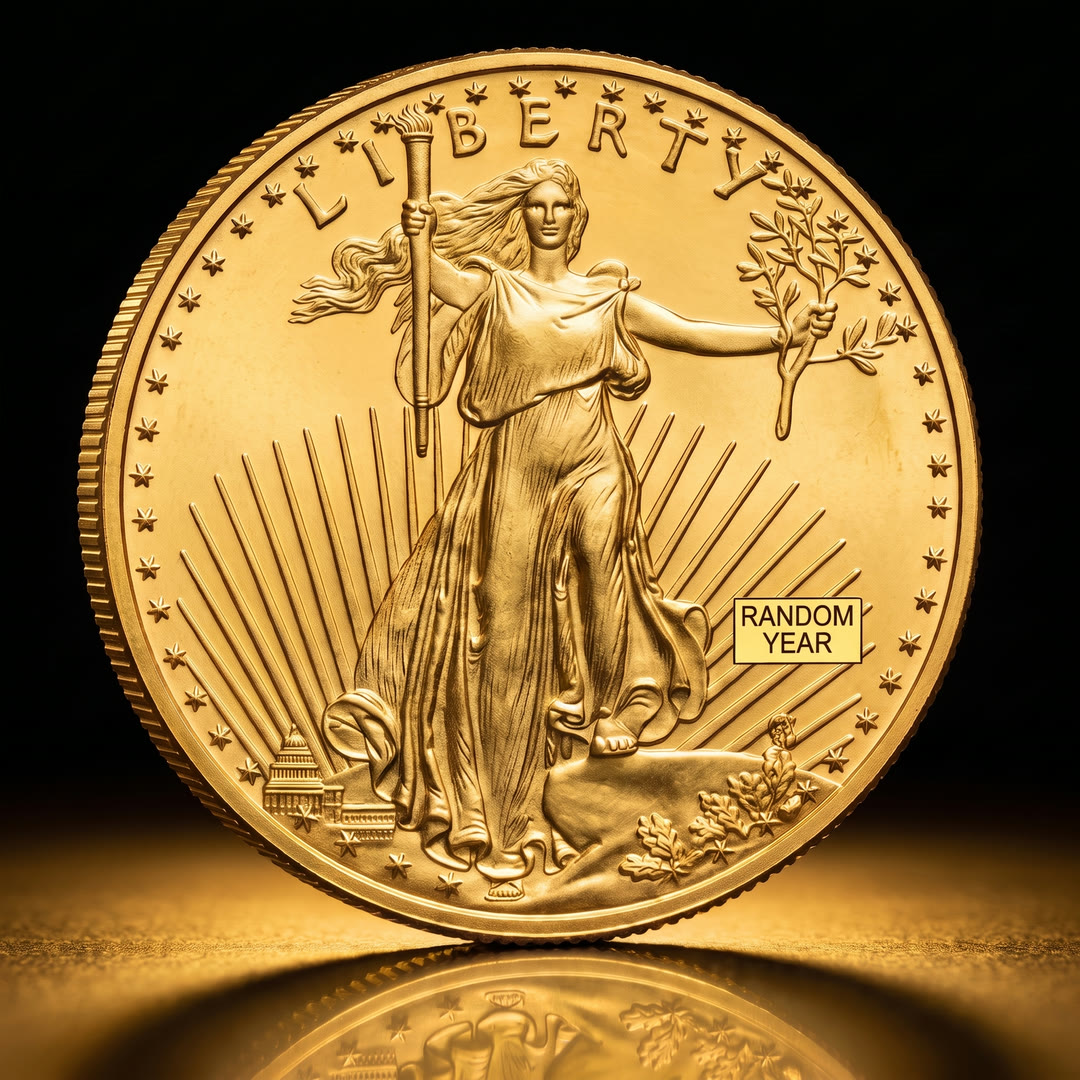 American Eagle Type 1 gold coin, Liberty side, angled showing the reeded edge