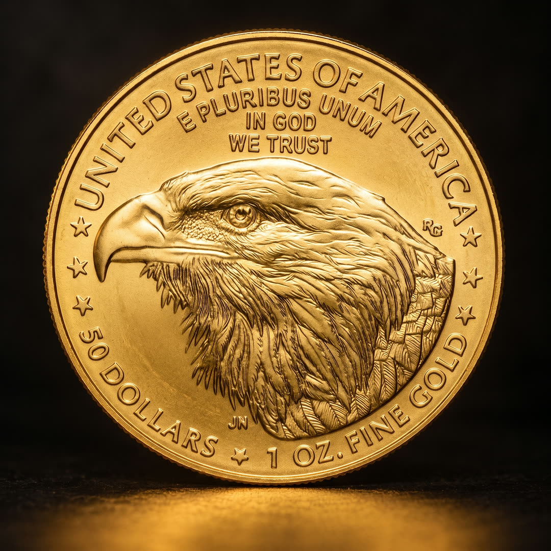 American Eagle Type 2 gold coin, eagle side with the bald eagle head portrait