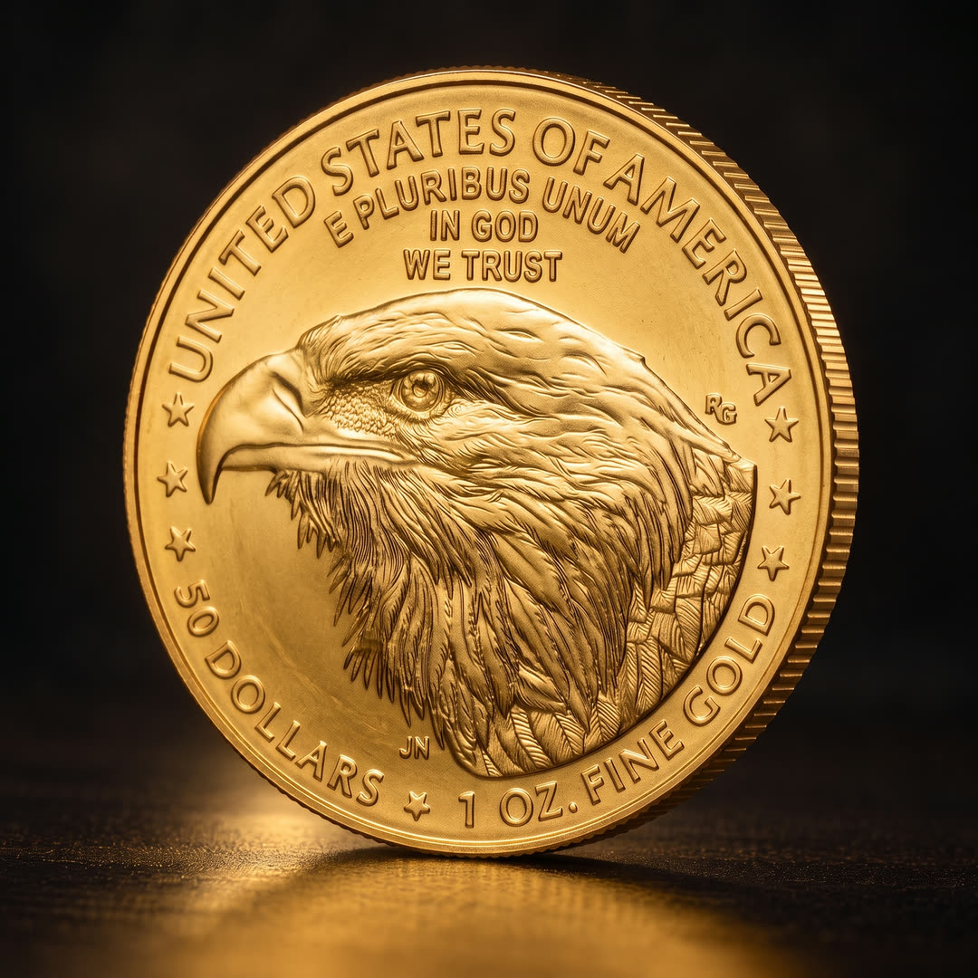 American Eagle Type 2 gold coin, eagle side, angled showing the reeded edge