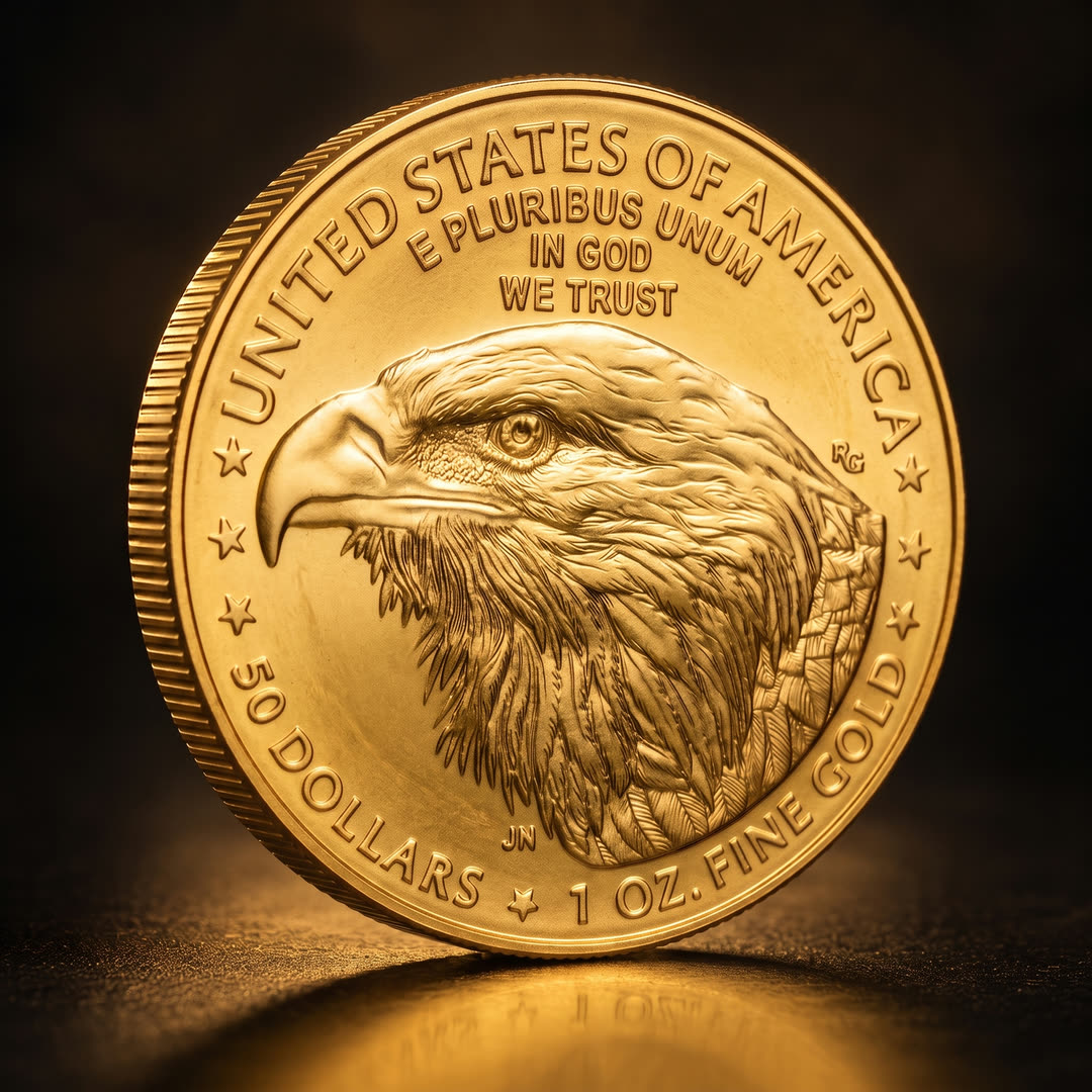 American Eagle Type 2 gold coin, eagle side, angled to the other side