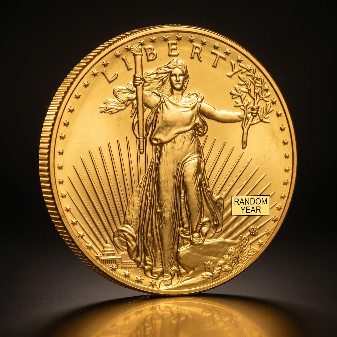 American Eagle Type 2 gold coin, Liberty side, angled showing the reeded edge