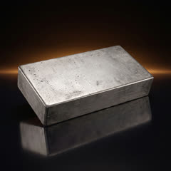 Engelhard 100 oz silver bar seen at a three-quarter angle from the plain back, showing the cast surface and thick sides