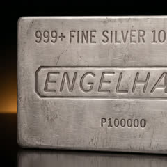 Close-up of the raised lettering on the Engelhard 100 oz silver bar: 999+ FINE SILVER 100 TR. OZ., the ENGELHARD name in a rounded outline and the serial number