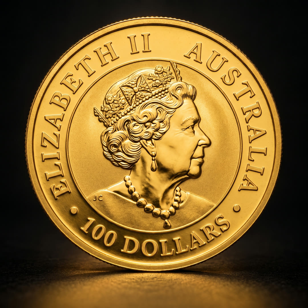 Australian Kangaroo gold coin, portrait side with the Queen Elizabeth II effigy