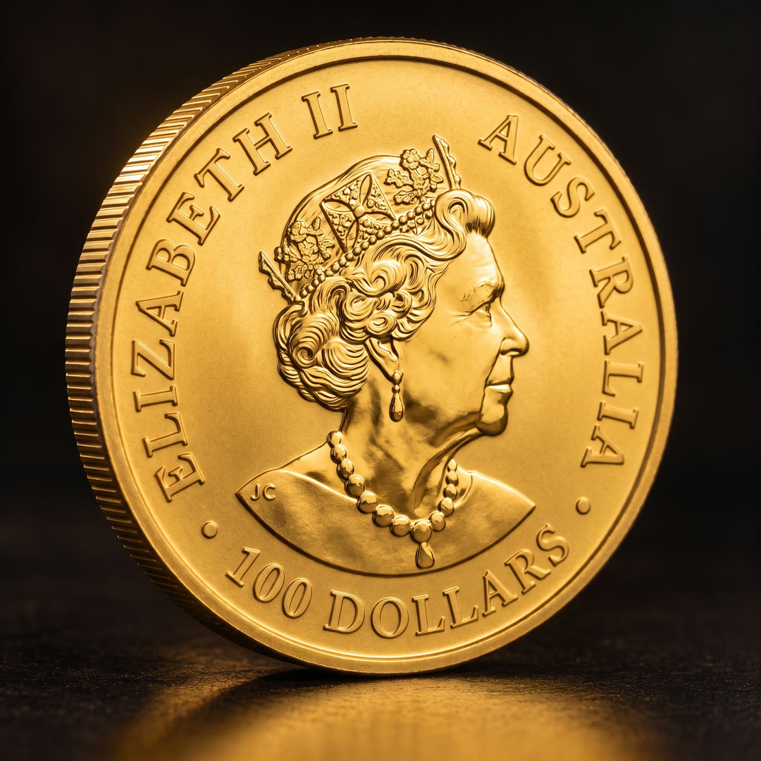 Australian Kangaroo gold coin, portrait side, angled showing the reeded edge