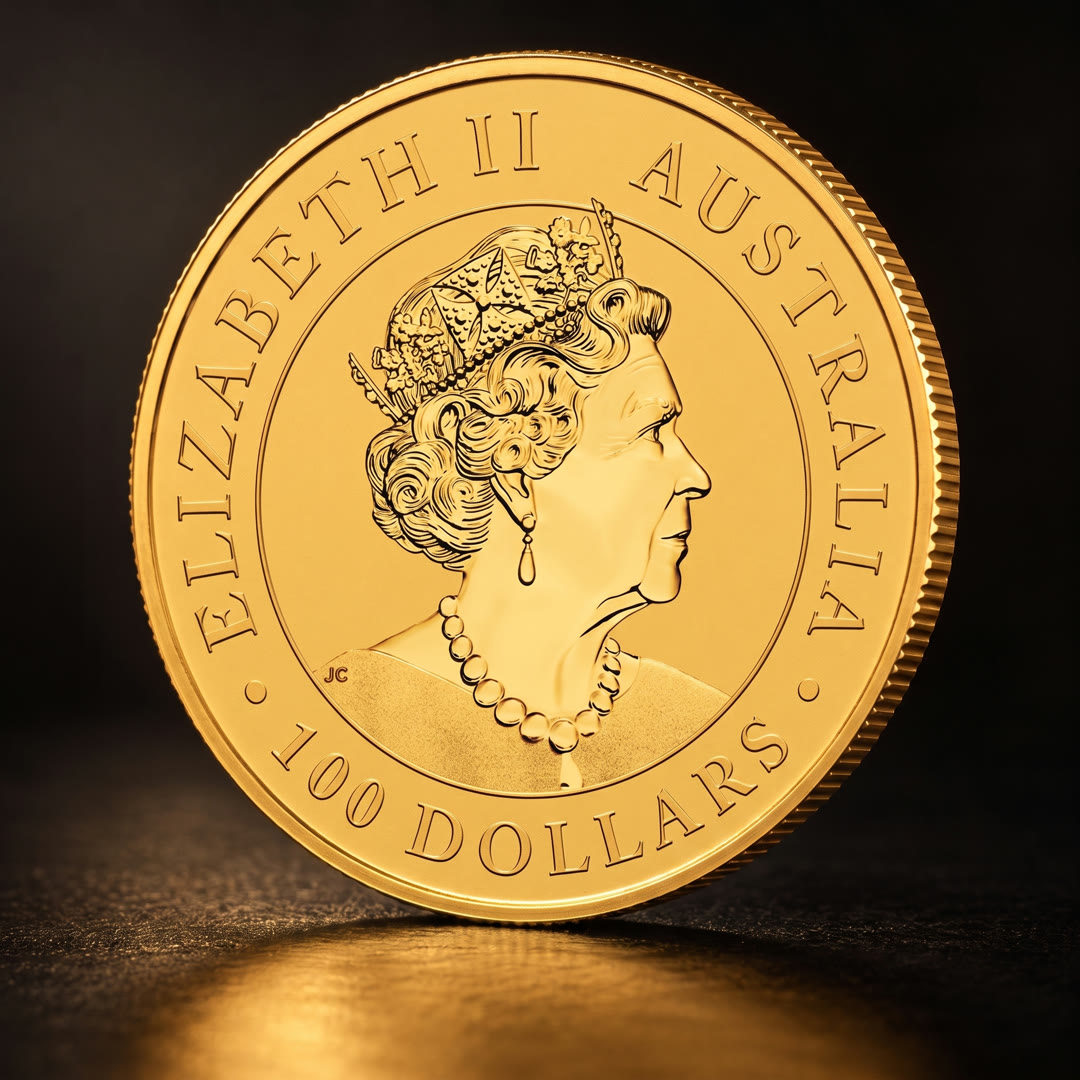 Australian Kangaroo gold coin, portrait side, angled to the other side