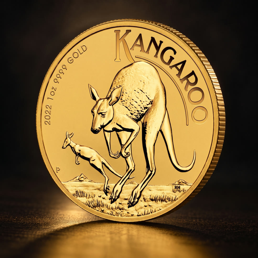 Australian Kangaroo gold coin, kangaroo side, slightly angled