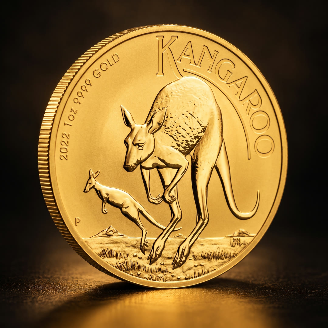 Australian Kangaroo gold coin, kangaroo side, angled showing the reeded edge