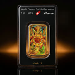 Back of the Argor-Heraeus KineBar assay card with the KINEGRAM side of the 1 oz gold bar, weight and fineness details