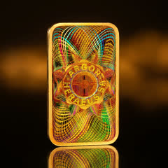 Back of the Argor-Heraeus KineBar 1 oz gold bar on its own, showing the multicolour KINEGRAM security pattern