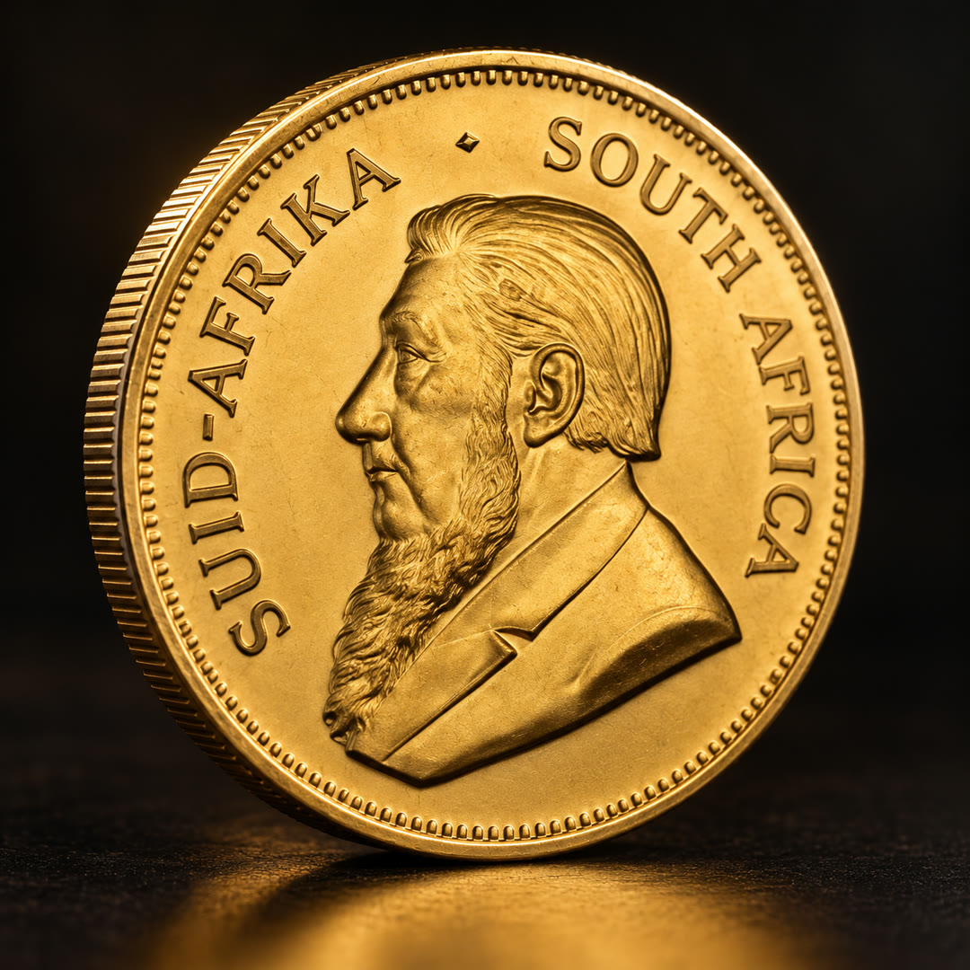 Krugerrand gold coin, Paul Kruger side, tilted showing the reeded edge