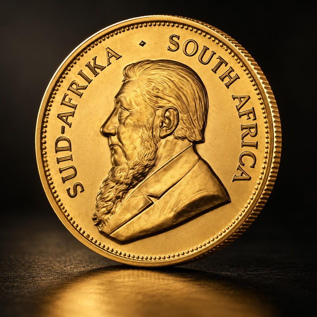 Krugerrand gold coin, Paul Kruger side, tilted to the right