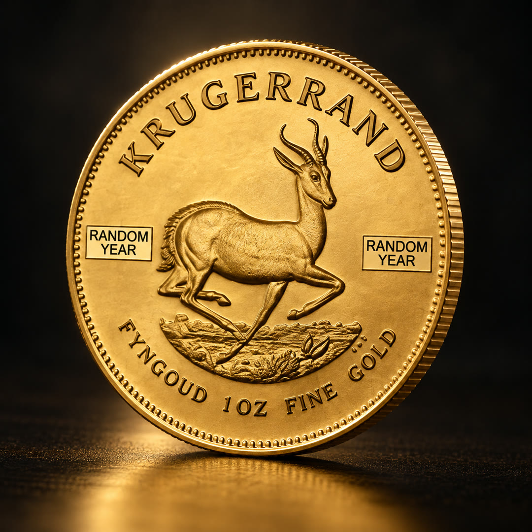 Krugerrand gold coin, springbok side, tilted to the right