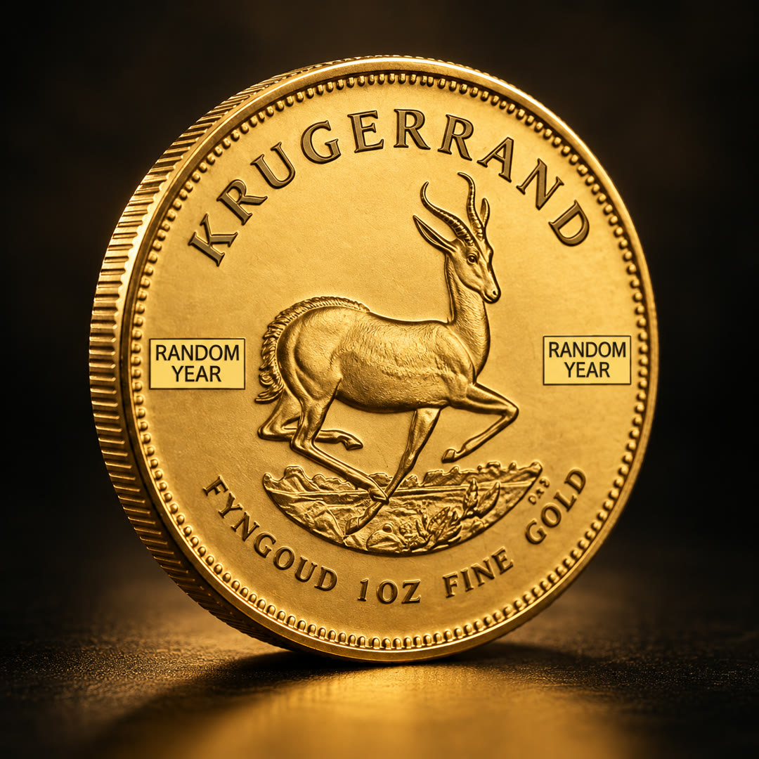 Krugerrand gold coin, springbok side, tilted showing the reeded edge