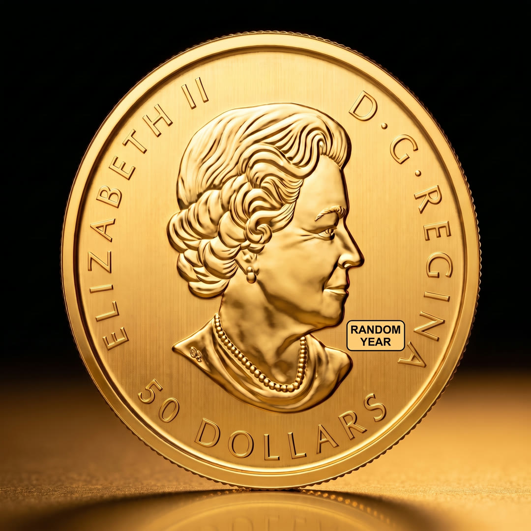 Canadian Maple Leaf gold coin, portrait side with the Queen Elizabeth II effigy