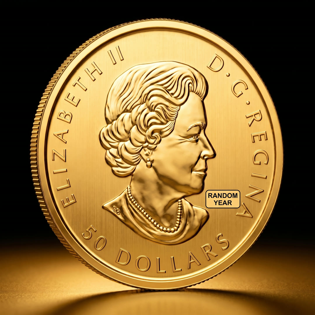 Canadian Maple Leaf gold coin, portrait side, angled showing the reeded edge