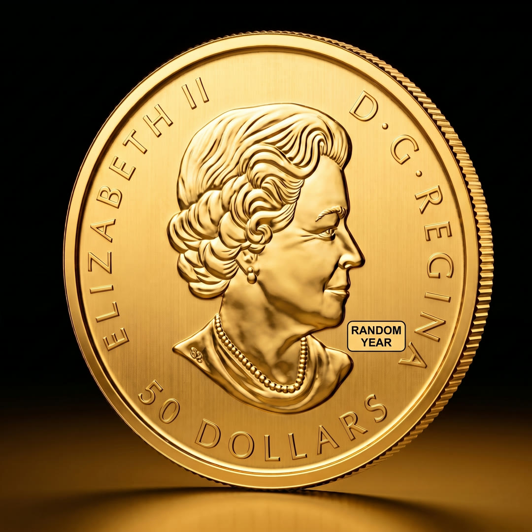 Canadian Maple Leaf gold coin, portrait side, angled to the other side
