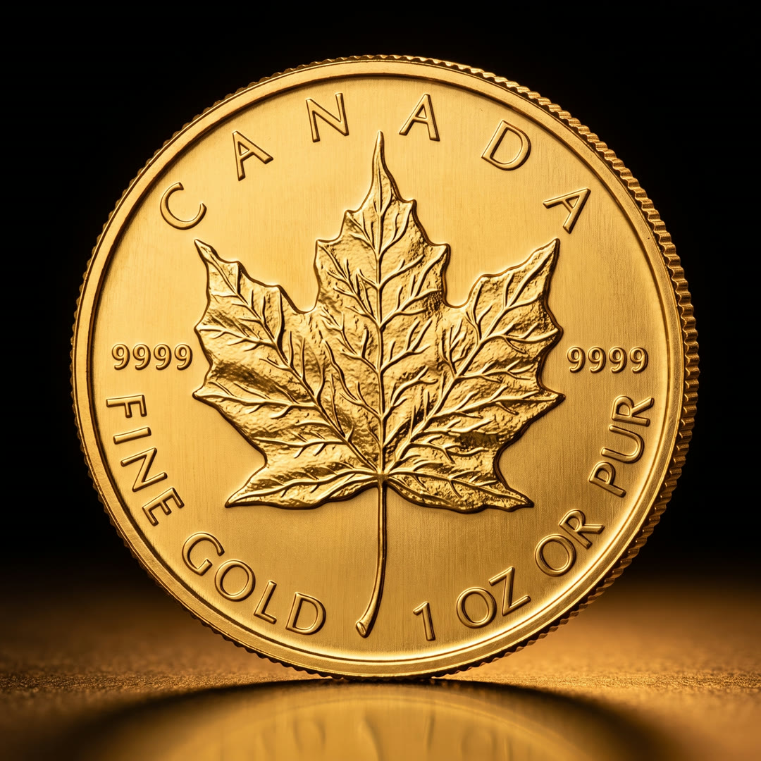 Canadian Maple Leaf gold coin, maple leaf side, straight on
