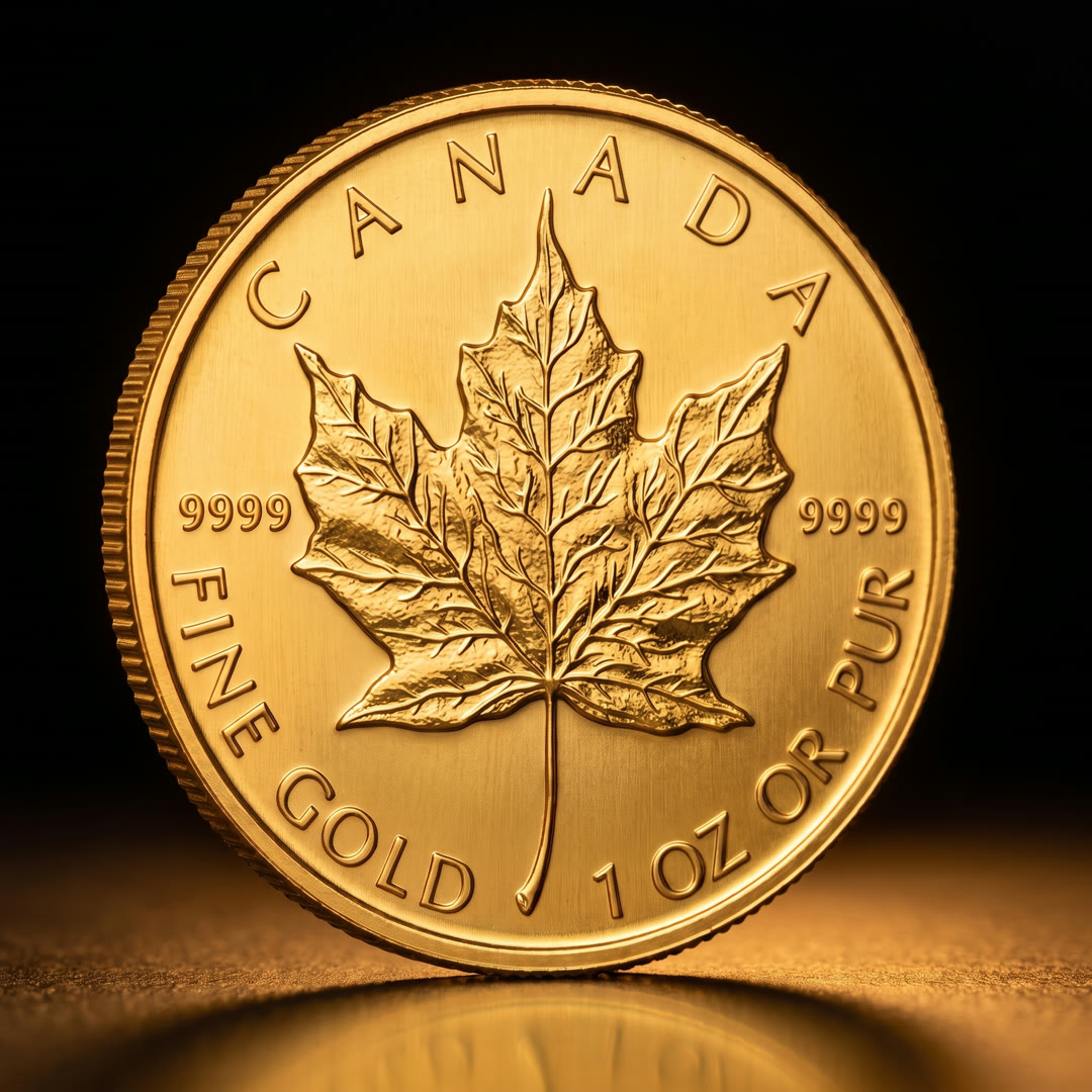 Canadian Maple Leaf gold coin, maple leaf side, angled showing the reeded edge