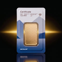 Back of the Metalor card with the Certificate heading, weight, fineness and Certified Assayer line, and the back of the 1 oz gold bar