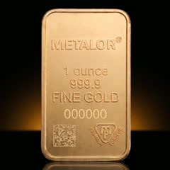 Metalor 1 oz gold bar on its own, front, with METALOR, 1 ounce, 999.9, FINE GOLD, the serial number, DataMatrix and hallmark