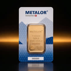 Metalor 1 oz gold bar in its white and blue assay card, front, straight on