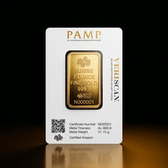 Back of the PAMP Veriscan assay card with the back of the 1 oz gold bar, QR code and certificate details