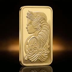 PAMP Lady Fortuna 1 oz gold bar on its own, front, turned slightly to show its thin edge