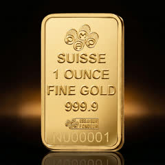 Back of the PAMP 1 oz gold bar on its own, with the PAMP logo, SUISSE 1 OUNCE FINE GOLD 999.9 and the serial number