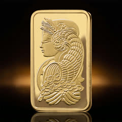 PAMP Lady Fortuna 1 oz gold bar on its own, front, straight on