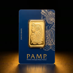 PAMP Lady Fortuna 1 oz gold bar in its blue Veriscan assay card, front, straight on