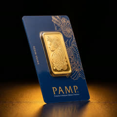PAMP Lady Fortuna gold bar in its blue assay card, front, turned to a side angle