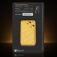 Back of the Perth Mint assay card with the Technical Specifications table, bar number and the back of the 1 oz gold bar