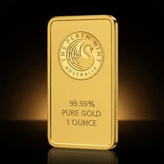 Perth Mint 1 oz gold bar on its own, front, turned slightly to show its thin edge