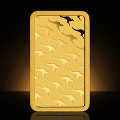 Back of the Perth Mint 1 oz gold bar on its own, covered in a pattern of stylised kangaroos