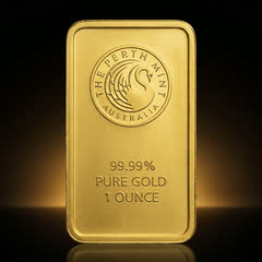 Perth Mint 1 oz gold bar on its own, front with the swan roundel, straight on