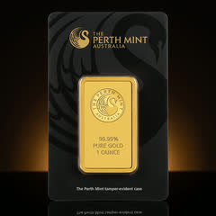 Perth Mint 1 oz gold bar in its charcoal assay card, front, straight on