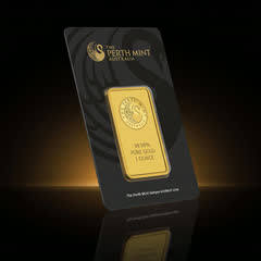 Perth Mint gold bar in its charcoal assay card, front, turned to a side angle