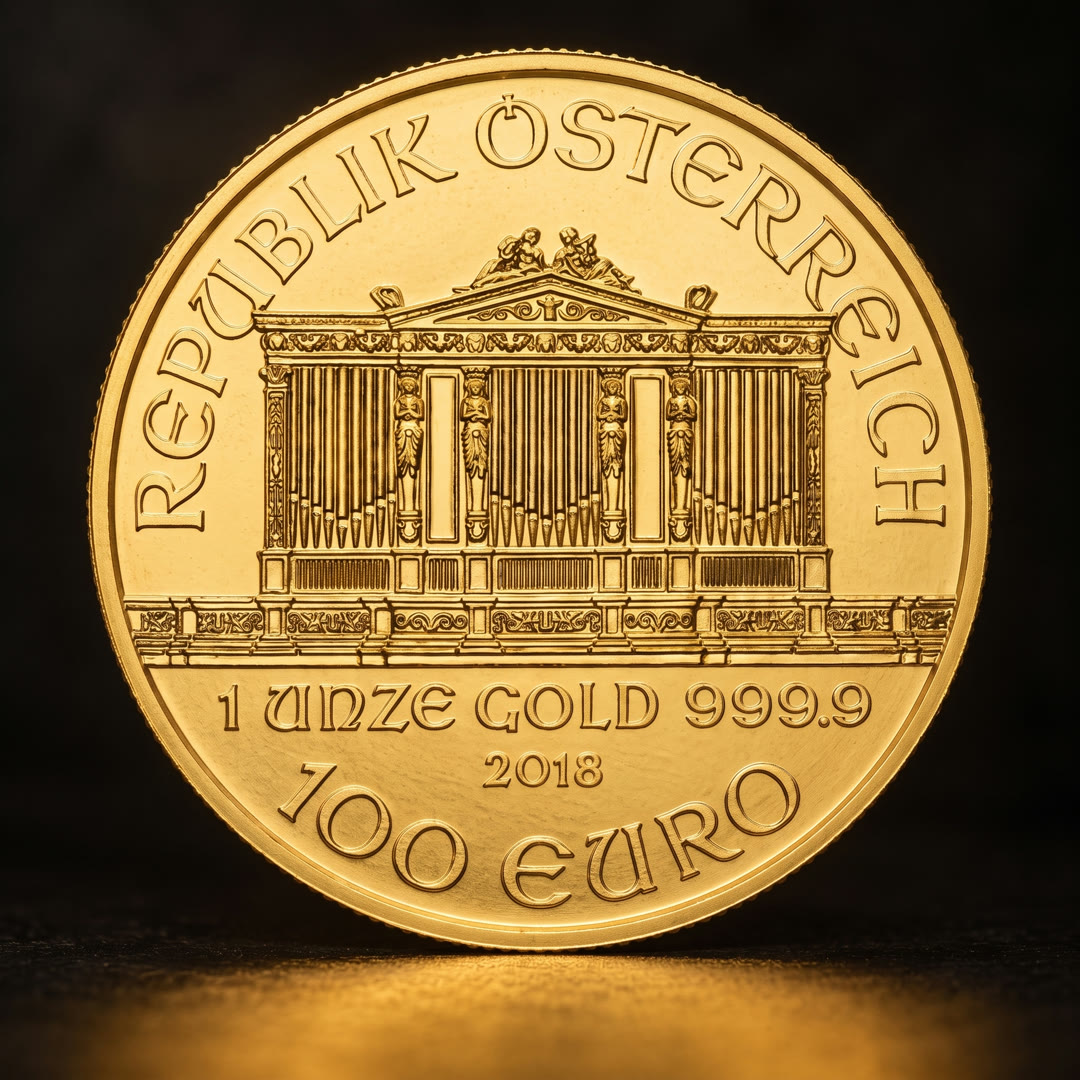 Austrian Philharmonic gold coin, Great Organ side with REPUBLIK ÖSTERREICH and 100 EURO