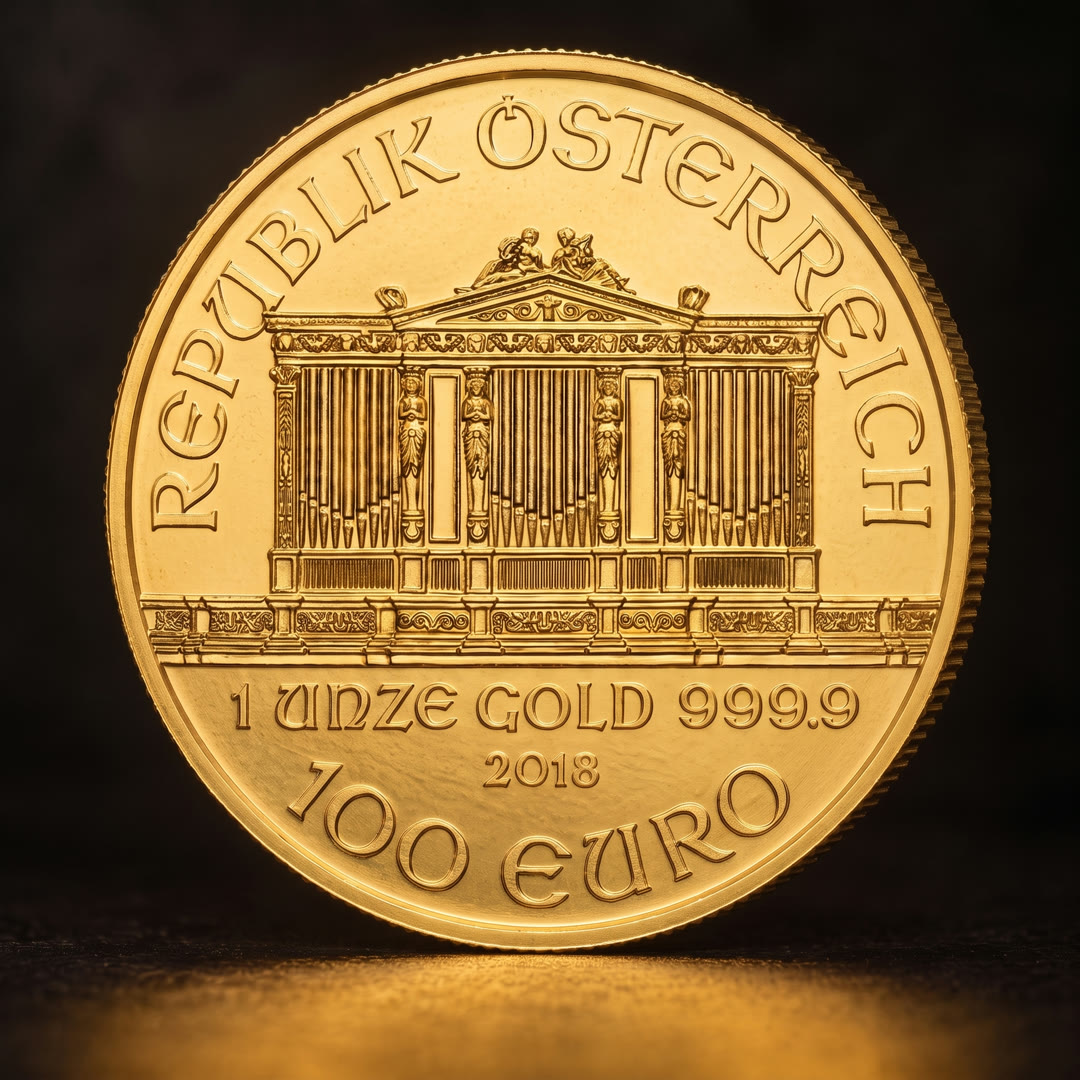 Austrian Philharmonic gold coin, Great Organ side, slightly angled