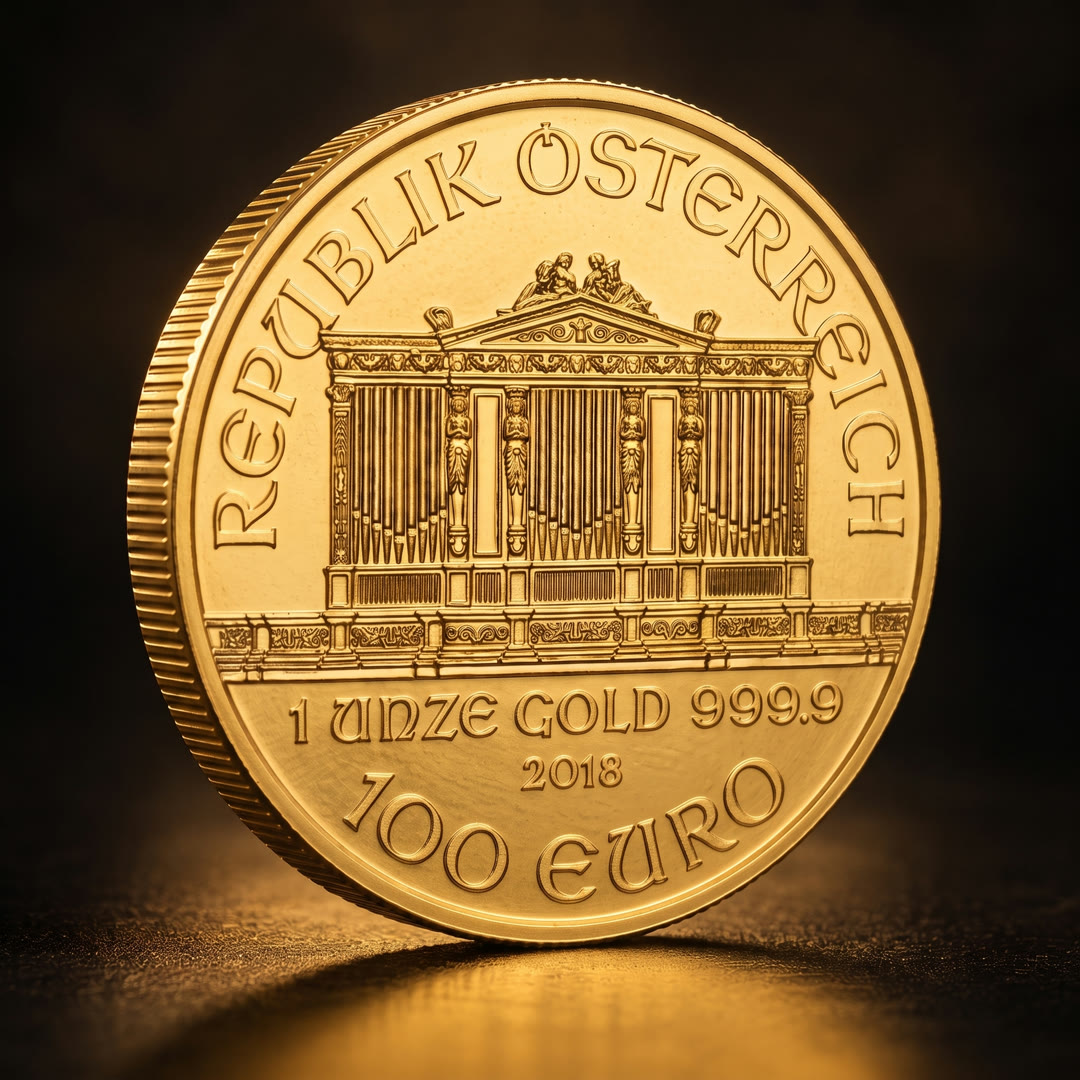 Austrian Philharmonic gold coin, Great Organ side, angled to the other side